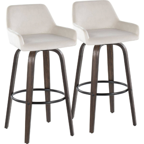 Daniella 30" Swivel Bar Stool in Walnut Glazed Wood & White Velvet w/ Black Footrest (Set of 2)